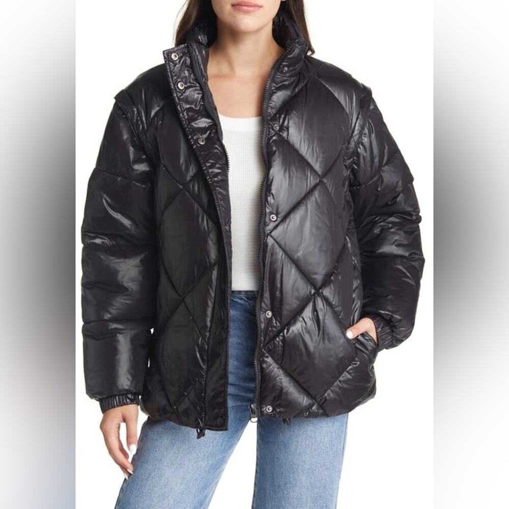TopShop Wet Look Zip-off Sleeve Puffer Jacket In Black Size 6 EUC